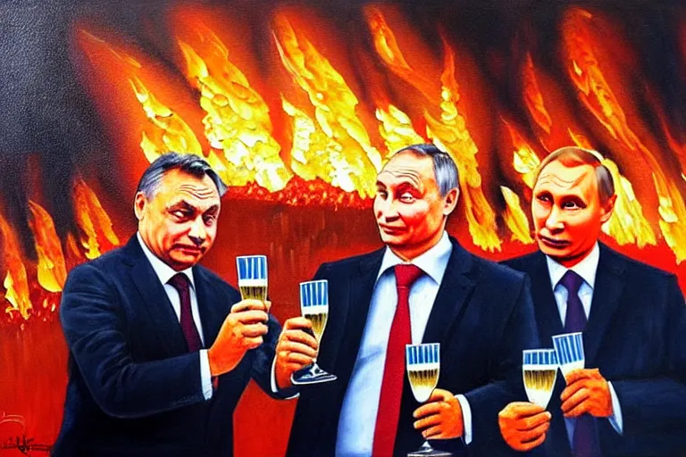 Image similar to viktor orban drinking champagne with putin in front a burning city, highly detailed eyes, oil painting