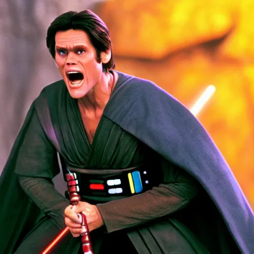 Image similar to jim carrey as a jedi in star wars a new hope, 4 k hd film still