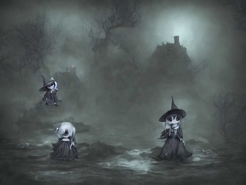 Image similar to cute fumo plush girl witch on a tiny island of concrete brutalist eldritch ruins surrounded by murky river water, dark cursed otherworldly chibi gothic horror wraith maiden, lost in the milky void, hazy heavy magical glowing swirling murky volumetric fog and smoke, moonglow, lens flare, vray