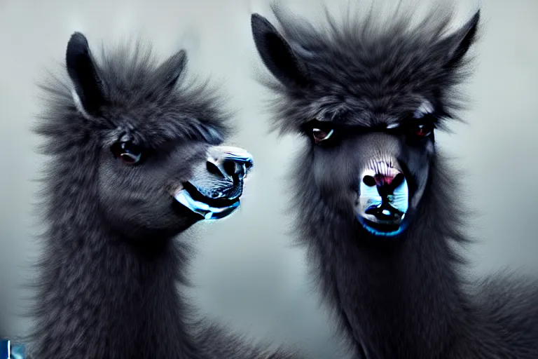 Image similar to highly detailed animal portrait of an emo alpaca, black eyeshadow, piercings, earrings, digital art made by makoto shinkai, lois van baarle, greg rutkowski and jakub rebelka, highly detailed, symmetrical, extremely coherent, smooth, shaped focus, dystopian gray forest background, skull