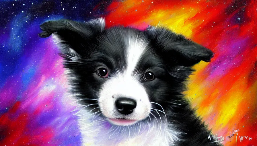 Prompt: highly detailed painting of cute baby border collie puppy wearing a spacesuit by william turner, thick brush strokes and visible paint layers, 4 k resolution, outer space nebula background
