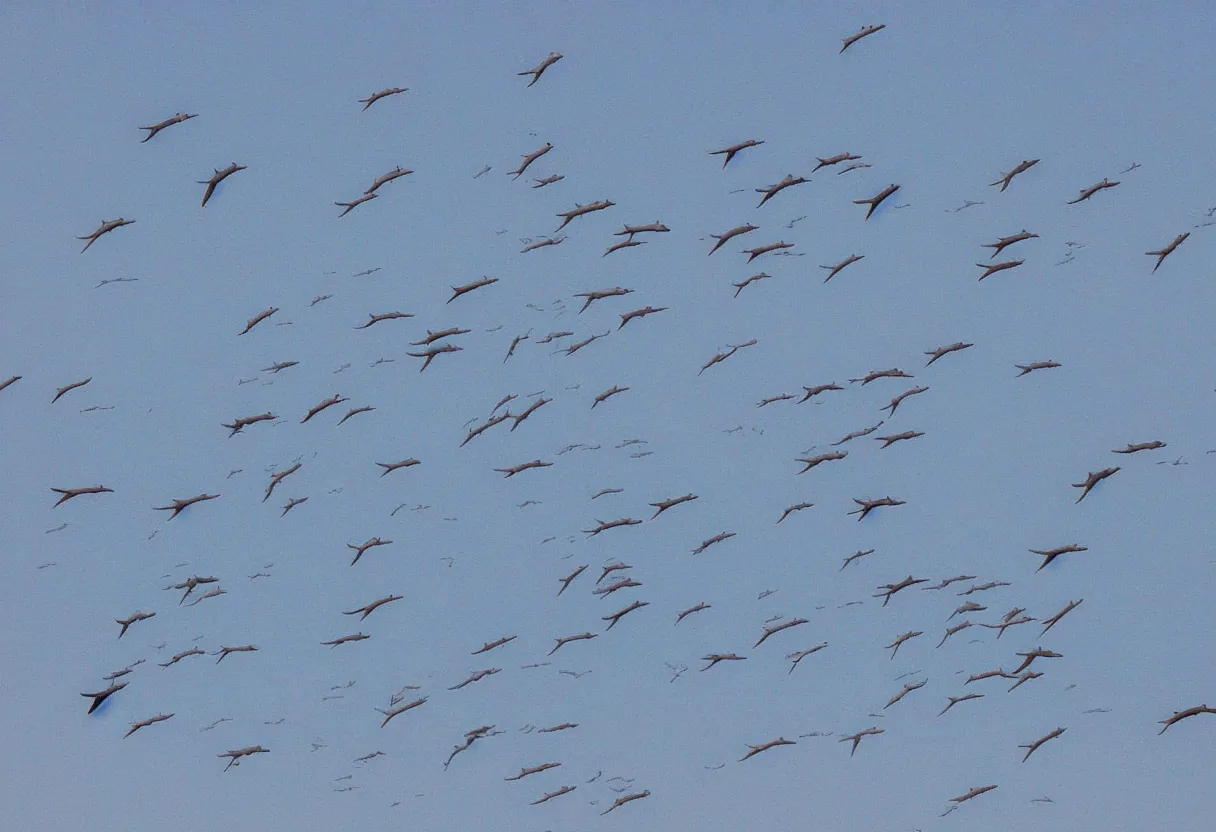 Image similar to dolphins flying through the sky in the gobi desert, stunning photograph