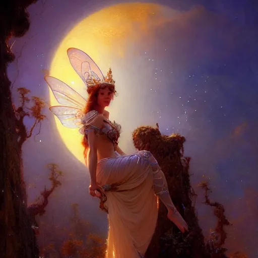 Image similar to attractive fairy queen fly high in the night, fantasy, full moon in background. hyper detailed painting by gaston bussiere, craig mullins, j. c. leyendecker, mid shot, 8 k, cryengone, cinematic lighting, beautiful,