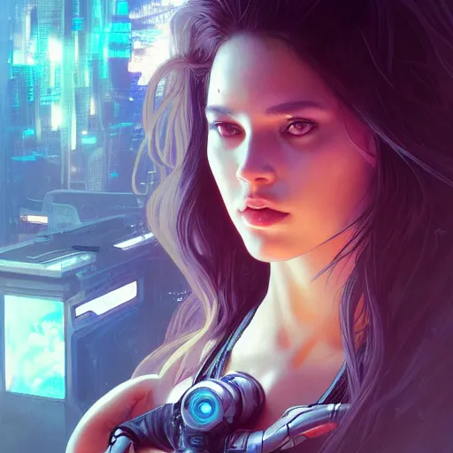 Image similar to beautiful, young woman, cybernetic, cyberpunk, detailed gorgeous face, flowing hair, vaporwave aesthetic, synthwave , digital painting, artstation, concept art, smooth, sharp focus, illustration, art by artgerm and greg rutkowski and alphonse mucha