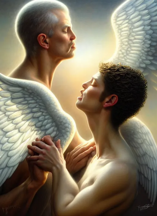 Prompt: man kissing an angel, fine art, intricate, elegant, highly detailed, realistic hair, centered, digital painting, art station, conceptual art, soft, sharp focus, illustration, artwork, artgerm, tomasz alen kopera, peter mohrbacher, donato giancola, wlop, boris vallejo