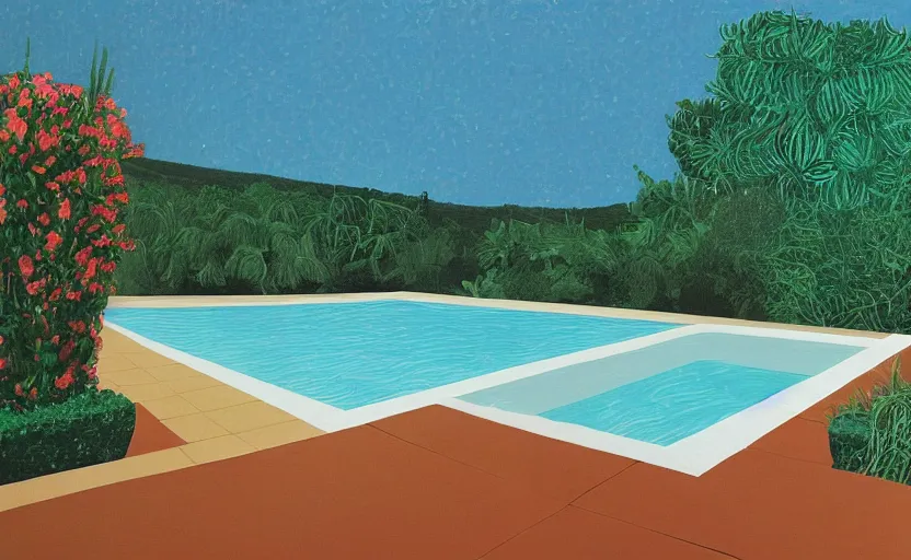 Prompt: a luxury villa pool by David hockney