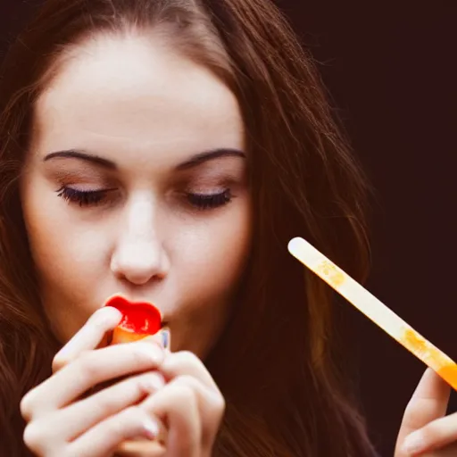 Prompt: closeup Nikon lens 50mm, photorealistic and detailed beautiful young woman licking a popsicle, bokeh, graflex