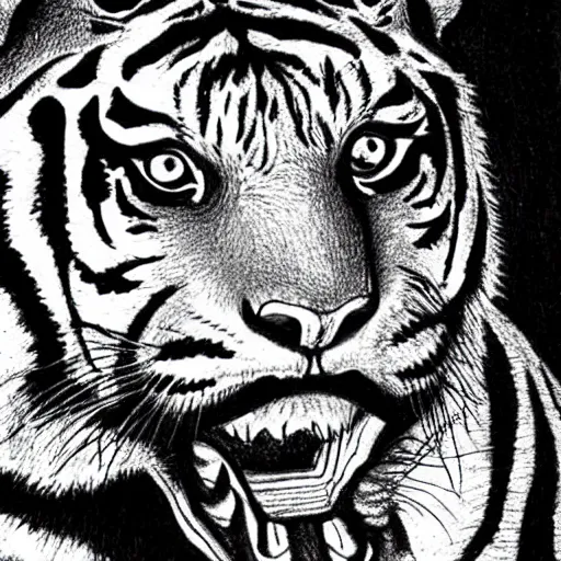 Image similar to a drawing of a tiger by junji ito, horror,