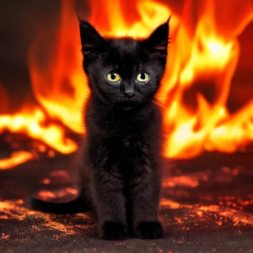 Image similar to extreme long shot of a cute black kitten engulfed in fire, burning, standing in fire, at night, award winning photo, high detail, atmospheric 8k