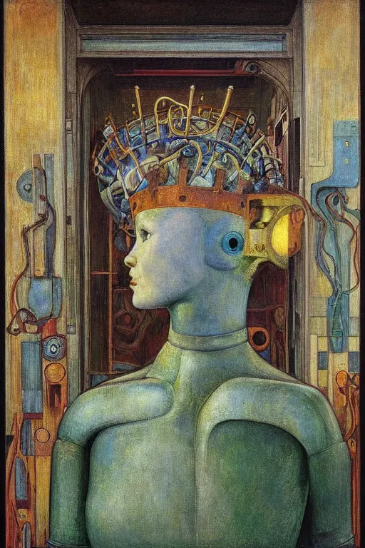 Image similar to the robot wearing his electric crown stands by the window , by Annie Swynnerton and Diego Rivera and Elihu Vedder, symbolist, dramatic lighting, elaborate geometric ornament, Art Brut, soft blues and greens,smooth, sharp focus, extremely detailed, Adolf Wölfli and Evelyn De Morgan