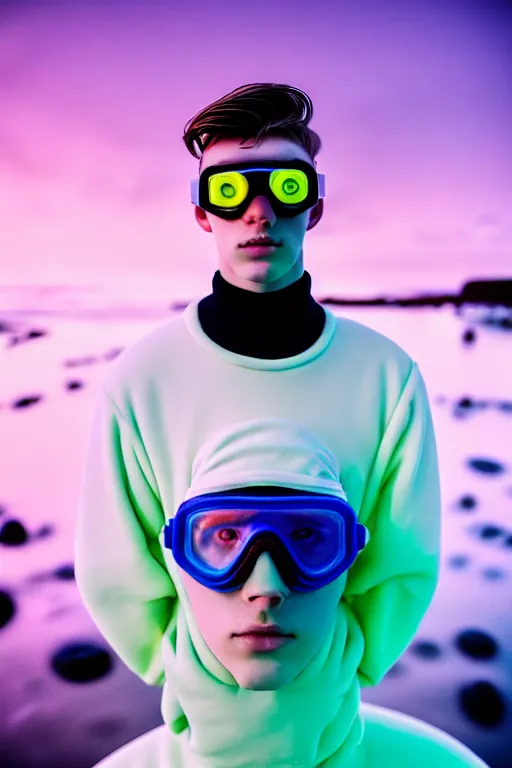 Image similar to high quality pastel coloured film mid angle portrait photograph of a beautiful young 2 0 year old male, soft features, short hair, rubber goggles and oversized inflated clothing!!!! icelandic black! rock pool environment. atmospheric three point light. photographic. art directed. ( pastel colours ). volumetric. clearcoat. waves. 8 k. filmic.