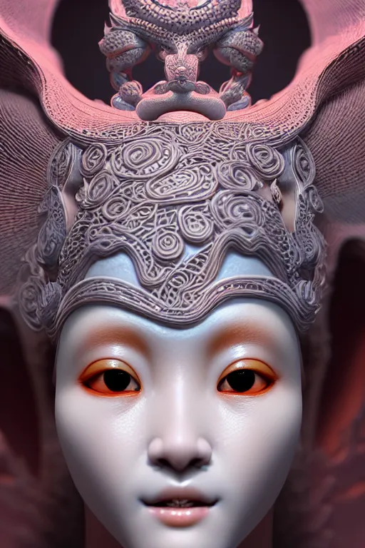 Image similar to 3 d goddess close - up profile portrait. beautiful intricate highly detailed korean gumiho mask and traditional korean hanbok. stingray, magpie, bio luminescent, plasma, lava, ice, water, wind, creature, artwork by tooth wu and wlop and beeple and greg rutkowski, octane 3 d render