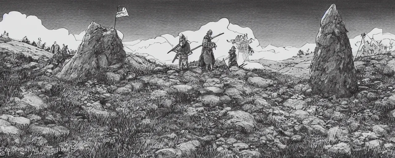 Prompt: very detailed meadow mountain landscape with a menhir in the foreground, medieval warriors wearing plate armor resting, flag, by takehiko inoue, masashi kishimoto, fine black ink