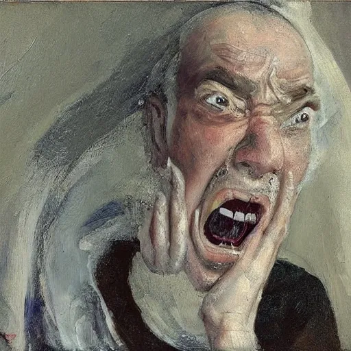 Image similar to an angry man screams at his computer monitor, oil on canvas, 1 8 8 3, highly detailed