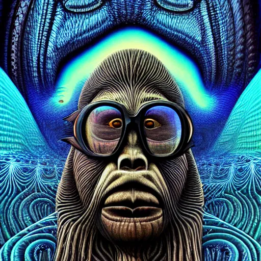Prompt: ( sasquatch, bigfoot wearing sunglasses, hr giger ) ( ( ( hyper detailed masterpiece, psychedelic fractal pattern, jean giraud, digital art painting, dream wave aesthetic, georgy kurasov ) ) )