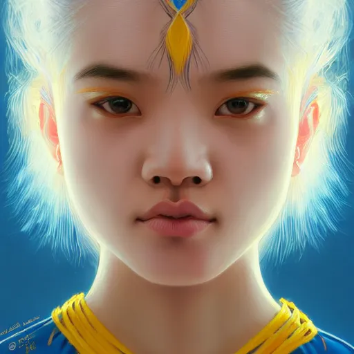 Image similar to symmetry!! portrait of a filipino cute girl blue - yellow hair, nasal strip, intricate, elegant, highly detailed, my rendition, digital painting, artstation, concept art, smooth, sharp focus, illustration, art by artgerm and greg rutkowski and alphonse mucha and uang guangjian and gil elvgren and sachin teng