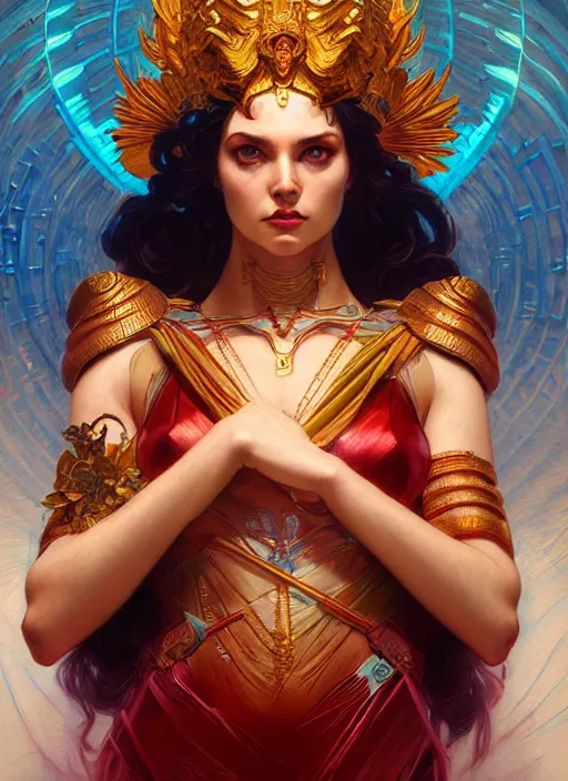 Prompt: the goddess hera looking angry, paper armour, volumetric lights, red and cyan theme, dystopian, intricate, elegant, highly detailed, digital painting, artstation, concept art, smooth, sharp focus, symmetric face, illustration, art by artgerm and greg rutkowski and alphonse mucha