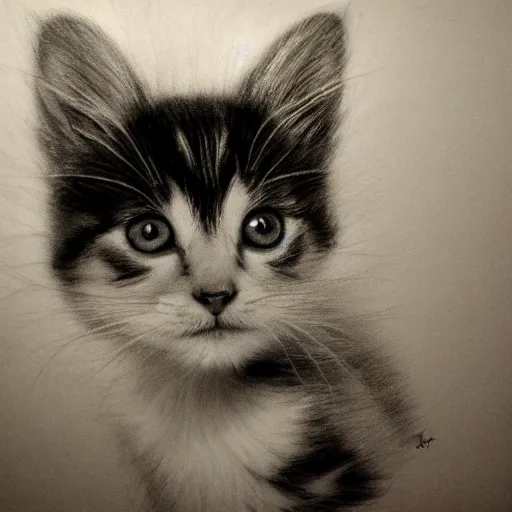 Image similar to a pencil drawing of a kitten, by paul cadden