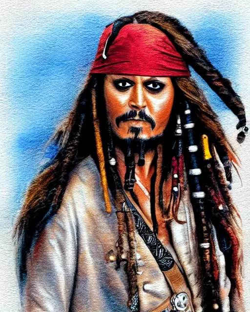 Image similar to portrait of captain jack sparrow, painterly style, matte illustration, watercolour