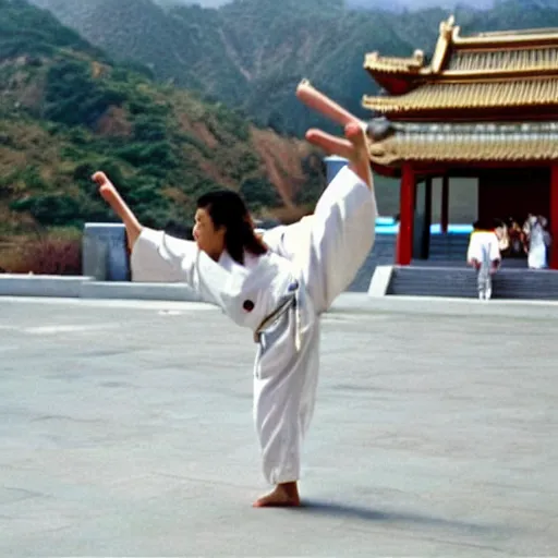 Image similar to a 1 9 9 8 movie still, from a shallow master training a girl karate at a temple in china, 4 k resolution, 8 k resolution, 1 9 9 8 karate movie still