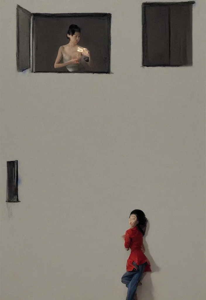 Image similar to gorgeous famous asian actress girl dropping the shadow of her desires on the wall of empty house with a light from a window creating dreams, style of James Jean, Edward Hopper, Francis Bacon, colors of Mark Rothko, Frank Auerbach, trending on artstation, Greg Rutkowski, dark atmosphere