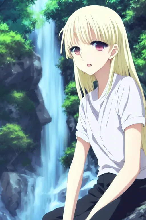 Image similar to anime art full body portrait character concept art, anime key visual of elegant young female, platinum blonde straight bangs and large eyes, finely detailed perfect face delicate features directed gaze, laying on back near a waterfall, arms crossed behind head, trending on pixiv fanbox, studio ghibli, extremely high quality artwork