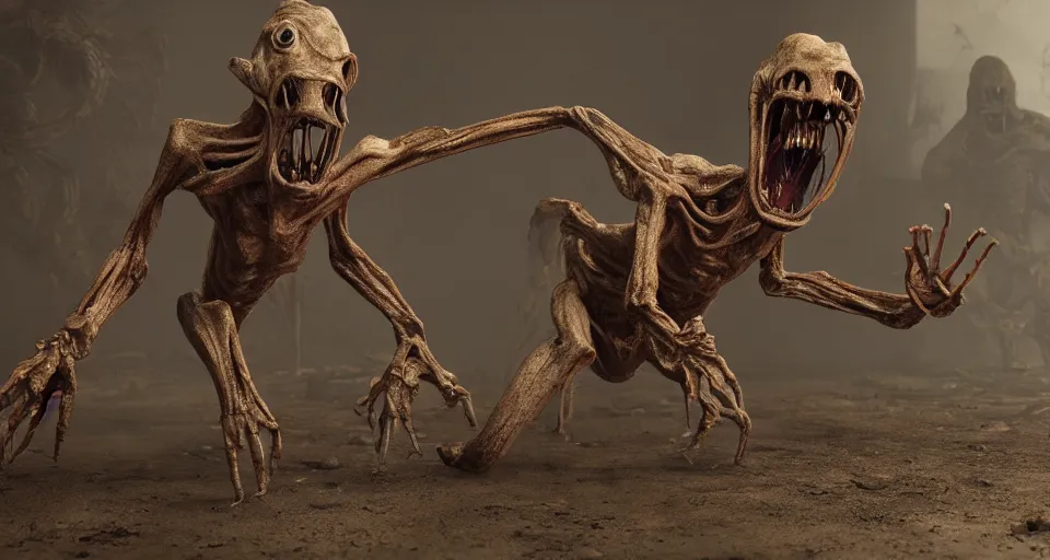Prompt: still from a horror movie of grotesque alien lunging towards the camera, highly detailed, horror movie scene, unreal engine, octane render, natural light indoors