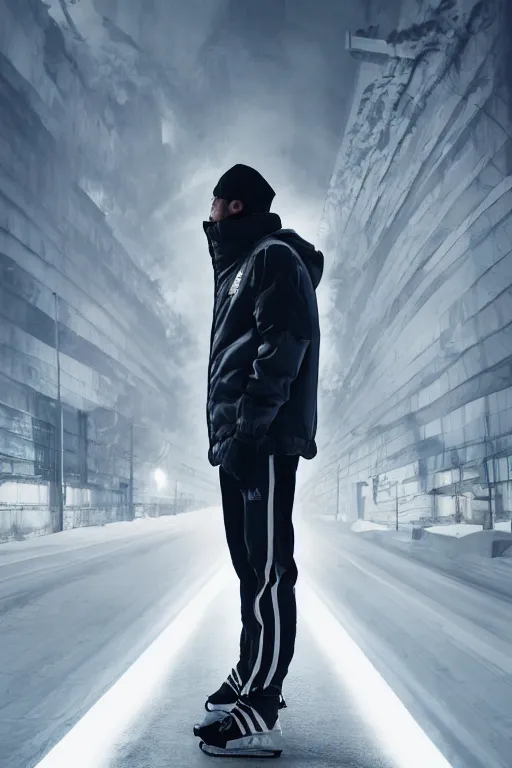 Prompt: ice translucent gopnik man in winter Adidas jacket sportswear a dramatic atmosphere and light smoke, hyper realistic, photography, cinematic scene from a movie, volumetric lights, lots of details, 4K, photorealistic