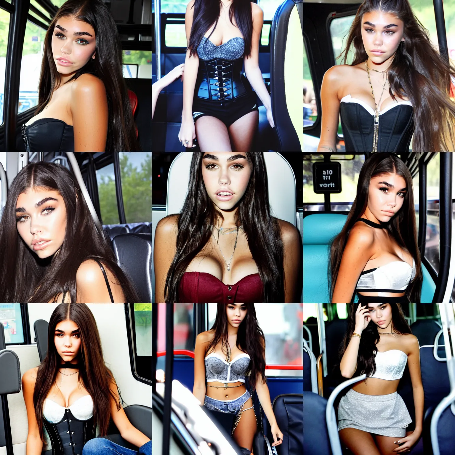 Prompt: posrtrait of madison beer wearing a bustier on a bus - s 1 5 0