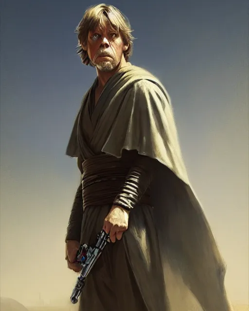 Prompt: luke skywalker, jedi knight. fantasy science fiction art by greg rutkowski, gustave courbet, rosa bonheur, edward hopper. faithfully depicted facial expression, perfect anatomy, sharp focus, global illumination, radiant light, detailed and intricate environment, trending on artstation