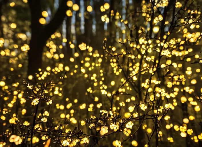 Image similar to a magical forest with delicate flowers that glow in the dusk, close up, bokeh,