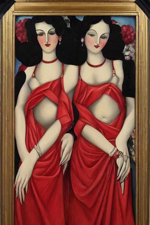 Prompt: highly detailed painting of gemini goddesses wearing red gowns in front of a black bull framed with flowers by tamara de lempicka