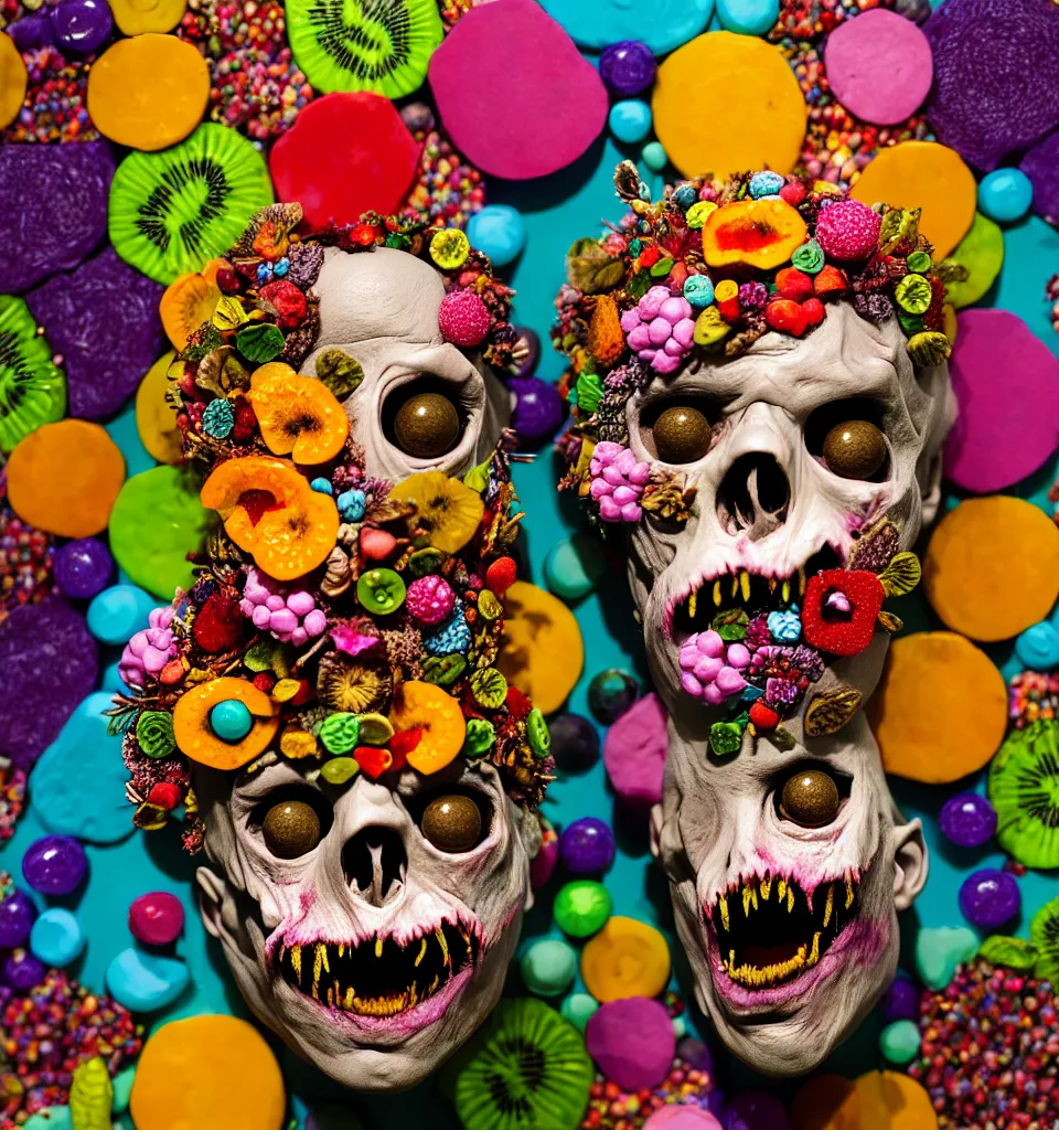 Image similar to headshot of a trickster nature zombie, head made of fruit gems and flowers in the style of arcimboldo, fragonard, photorealistic, dynamic lighting, action figure, clay sculpture, claymation, turquoise pink and yellow, rainbow stripe backdrop