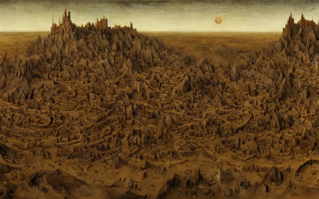 Prompt: grand palace of arrakeen on jodorowski's dune by pieter bruegel the elder and zdzisław beksinski, intricate details, trending on artstationhq and wikiart,