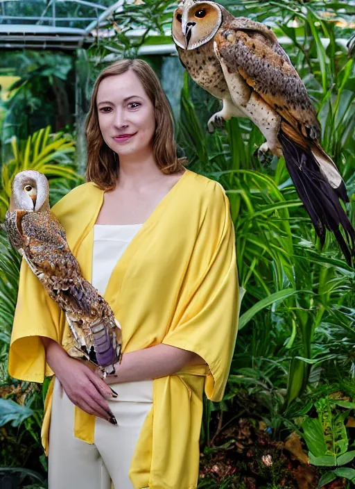 Image similar to head to shoulder portrait film photograph of an elegant top model wearing a yellow kimono with a very detailed barn owl on her shoulder!!! in a tropical greenhouse. looking at the camera!!. slight smile. super resolution. Extremely detailed. sitting inside a fountain. by Jody Rogac.