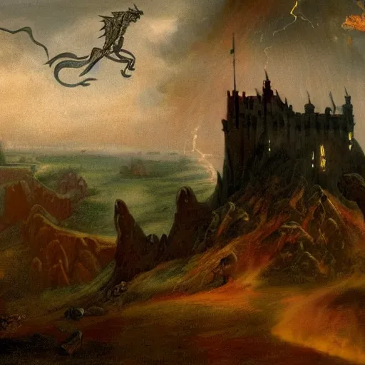 Image similar to a knight going to jump to get on a dragons back as it breathes fire and inflames the ground beneath him, with castle in distance, stormy, raining, painting