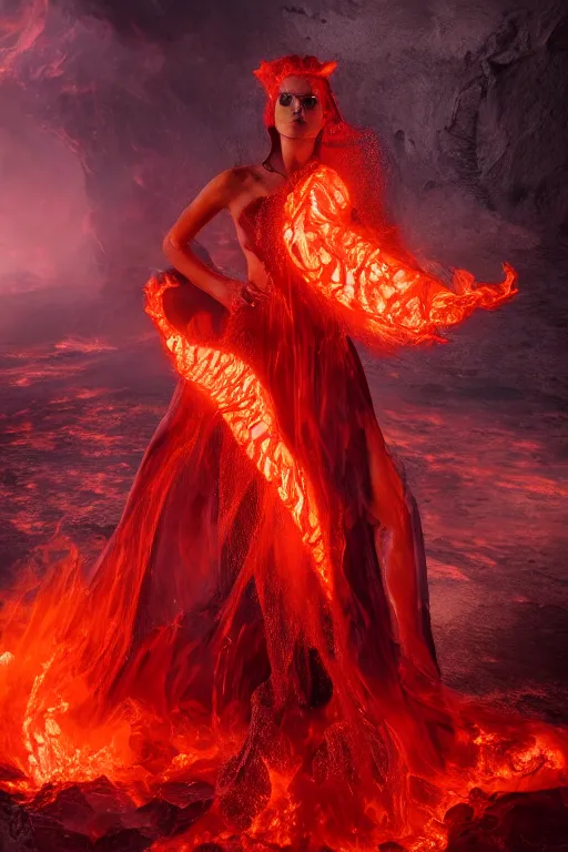 Prompt: dslr photograph of a eldritch volcanic fire goddess clothed in a flaming gown, volcanic embers, magma, diffused lighting, hyperrealism, fantasy character art by laura zalenga and alexander holllow fedosav, 8 k dop dof hdr