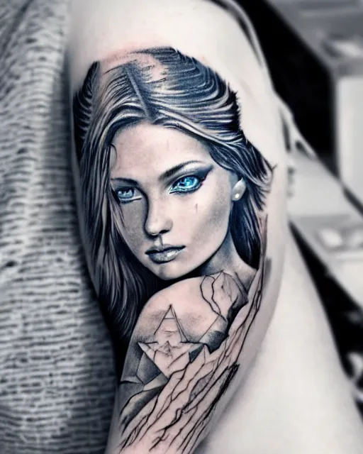 Image similar to tattoo design sketch of a beautiful blue - eyed woman face with a faded background of beautiful mountains on her side, hyper - realistic, in the style of den yakovlev, amazing detail, black and white