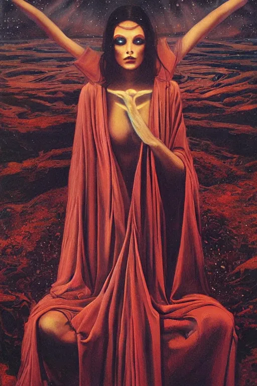 Prompt: gorgeous robed cult girl performing realism third eye ritual, positive dark theme night time, expanding energy into waves into the ethos, epic surrealism 8k oil painting, portrait, depth of field, perspective, high definition, post modernist layering, by Ernst Fuchs, Gerald Brom