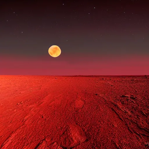 Prompt: reddish alien desert with a red sky and red full moon, masterpiece of superior quality