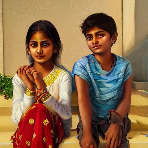 Image similar to beautiful young indian sister and brother, both sitting together holding hands on the steps of their house front entrance. happy raksha bandhan theme. high detailed oil painting by charlie bowater