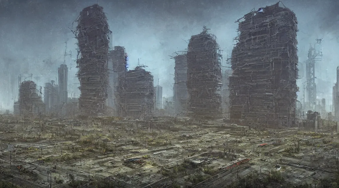 post apocalyptic city landscape zombies roaming, very