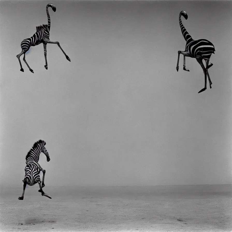 Prompt: photograph by diane arbus, a tall zebra jumping over a short flamingo