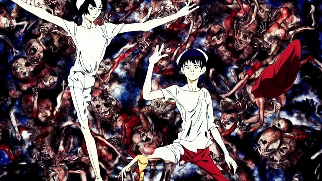 Prompt: french voguing dance horror movie, anime film still from the an anime directed by katsuhiro otomo with art direction by salvador dali, wide lens