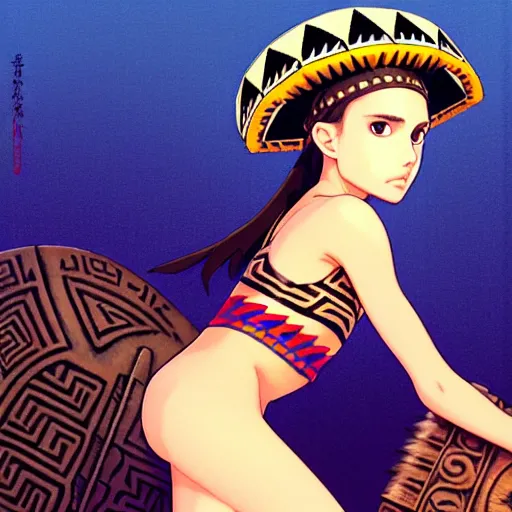 Image similar to beautiful boyish natalie portman alluring gravure model, wearing aztec wooden mask helmet cap and leotard, elegant bulky aztec football gear subtle mayan patterns, elegant aztec bathing suit, gapmoe yandere grimdark, trending on pixiv fanbox, painted by greg rutkowski makoto shinkai takashi takeuchi studio ghibli, akihiko yoshida