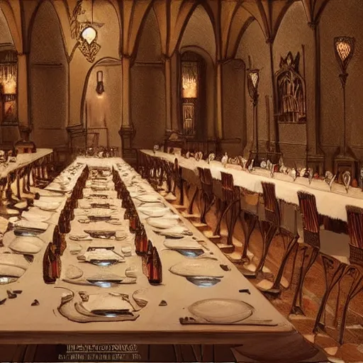 Prompt: incredibly huge castle dining hall with four incredibly long tables with hundreds of chairs full of food, realistic and detailed pencil drawing, artstation