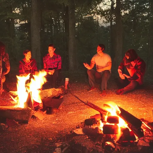 Image similar to god talking with 6 people around a campfire, realistic