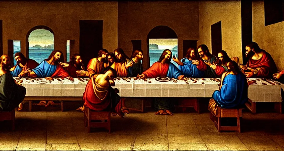 Image similar to The last supper, but Jesus is the DJ (disc jesus), he's playing sick tracks on his CDJ's in the 0th century club, painting by Leonardo da Vinci