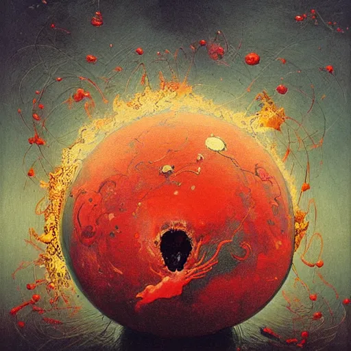 Image similar to a sphere being devoured by abstract splatters of paint in the style of francis bacon, venus being engulfed in flames in the style of james jean, surreal, beksinski, high detailed