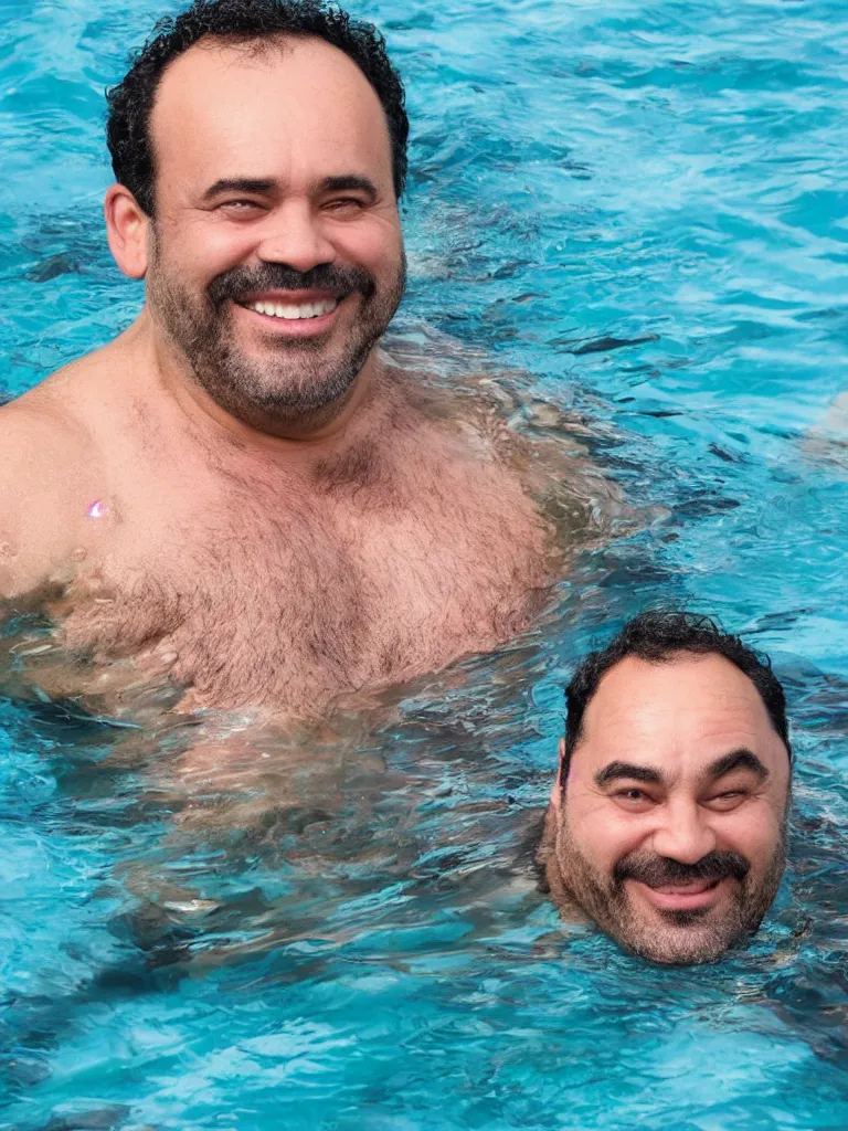 Prompt: a middle aged man, bulky build, black curly hair, receding hairline, thick dark eyebrows, big lips, smiling, small eyes, no beard, swimming at the bottom of the sea